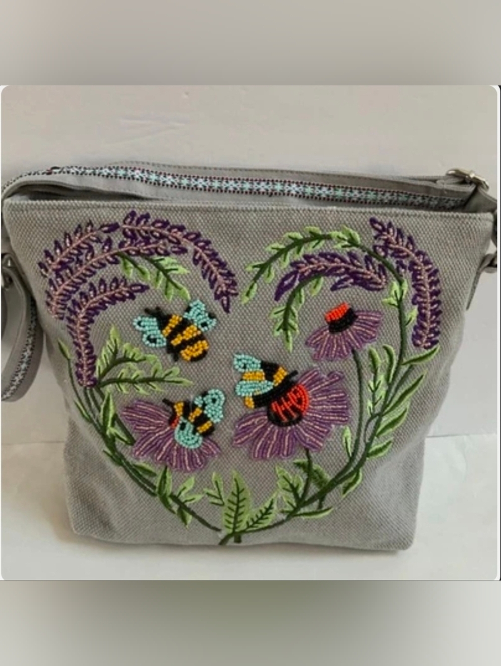 Embroidered Grey Canvas Crossbody Bag with Floral & Bee Detail